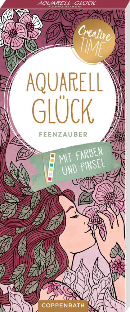 Cover des Mal-Blocks „Aquarell Glück“: Frau mit fließendem Haar und Blumen.
