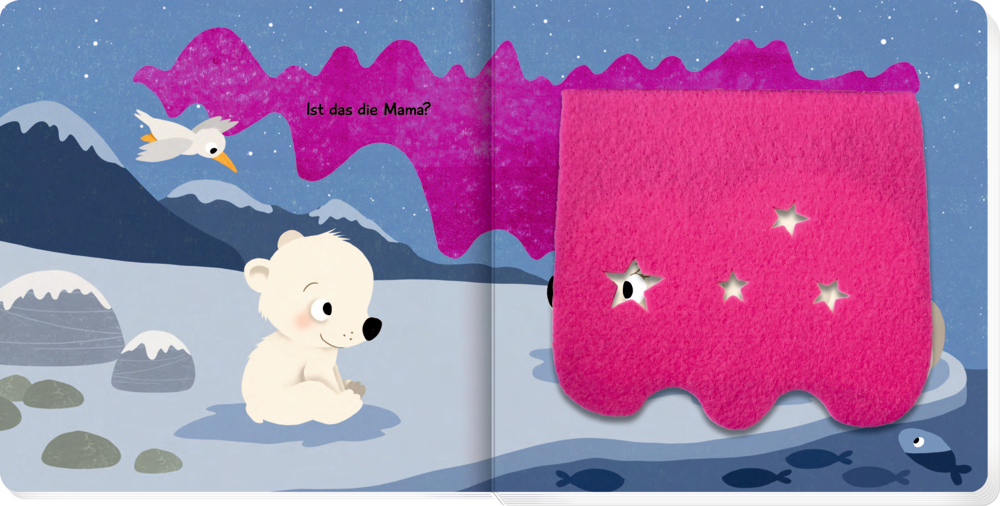 Illustration eines Eisbärjungen mit Vogel vor Bergen und einer pinken Filzfläche mit sternförmigen Öffnungen.