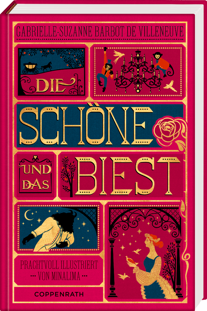 Buchcover von „Die Schöne und das Biest“ mit kunstvollen Illustrationen in Gold, Rot und Blau und dekorativem Schriftzug.
