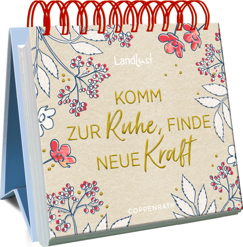 Spiralaufsteller mit Blumenmotiv und dem Text: Komm zur Ruhe, finde neue Kraft.