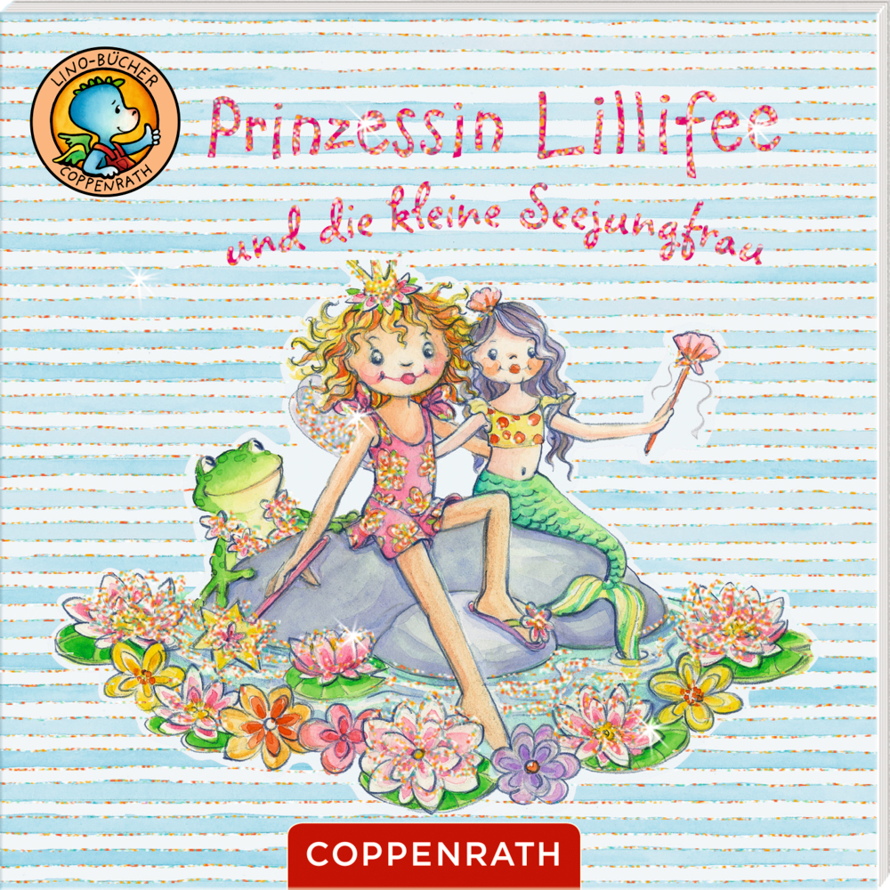 Zwei Mädchen, eines mit Feenflügeln, eines mit Meerjungfrauenschwanz, sitzen auf Blumen neben einem Frosch auf einem Buchcover.