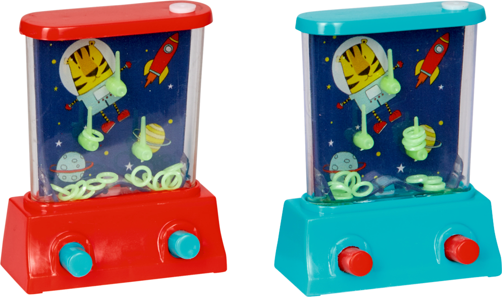 Zwei farbenfrohe tragbare Wasserringwurfspiele mit Weltraumhintergrund und einem Tiger-Astronauten.