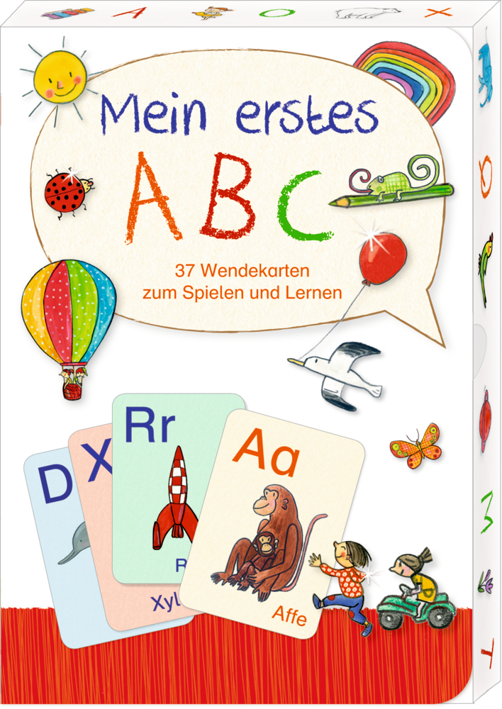 Bunte ABC-Kartenbox mit Tieren, einer Rakete und verspielten Illustrationen auf dem Cover.