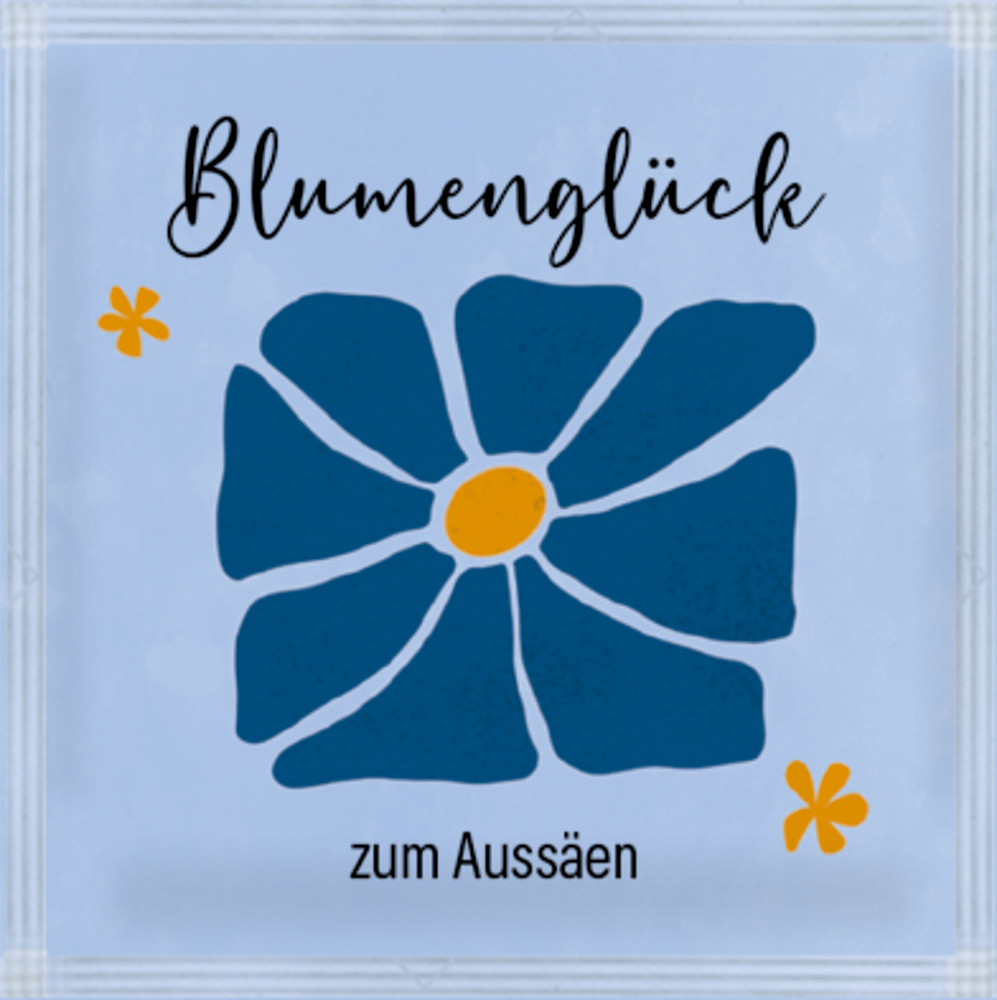 Blumensamen-Päckchen: Blaue Blume mit gelber Mitte und zwei kleinen gelben Blüten, „Blumenglück zum Aussäen“ auf hellblauem Hintergrund.