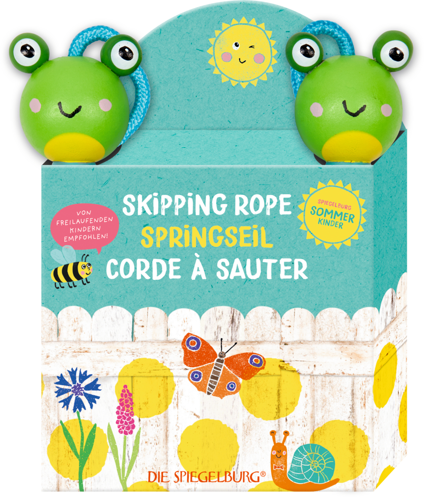 Springseil mit Froschgriffen, mit Abbildungen von Sonne, Biene, Schmetterling und Blume auf blauem Hintergrund.
