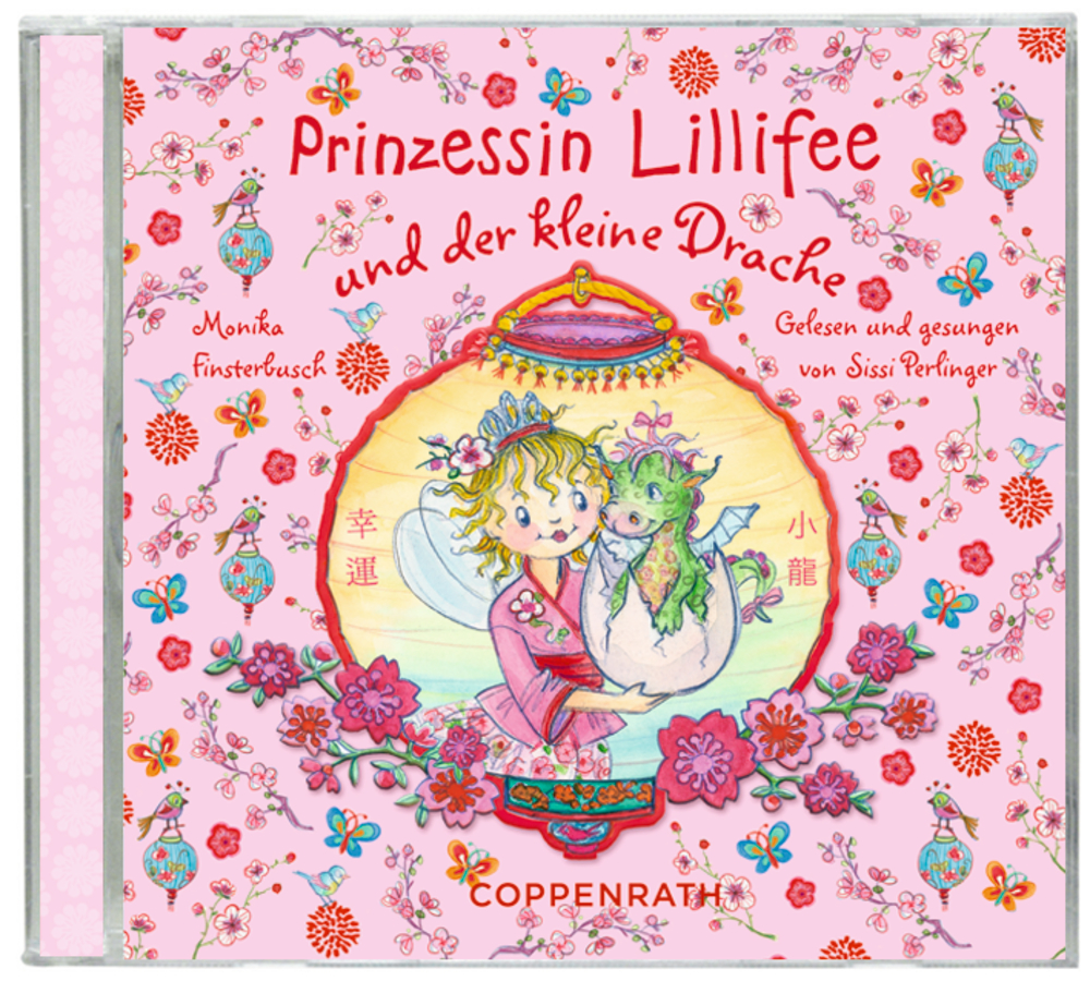 Prinzessin Lillifee umarmt einen grünen Drachen auf einem rosa Blumenhintergrund mit Laternen und Schmetterlingen.