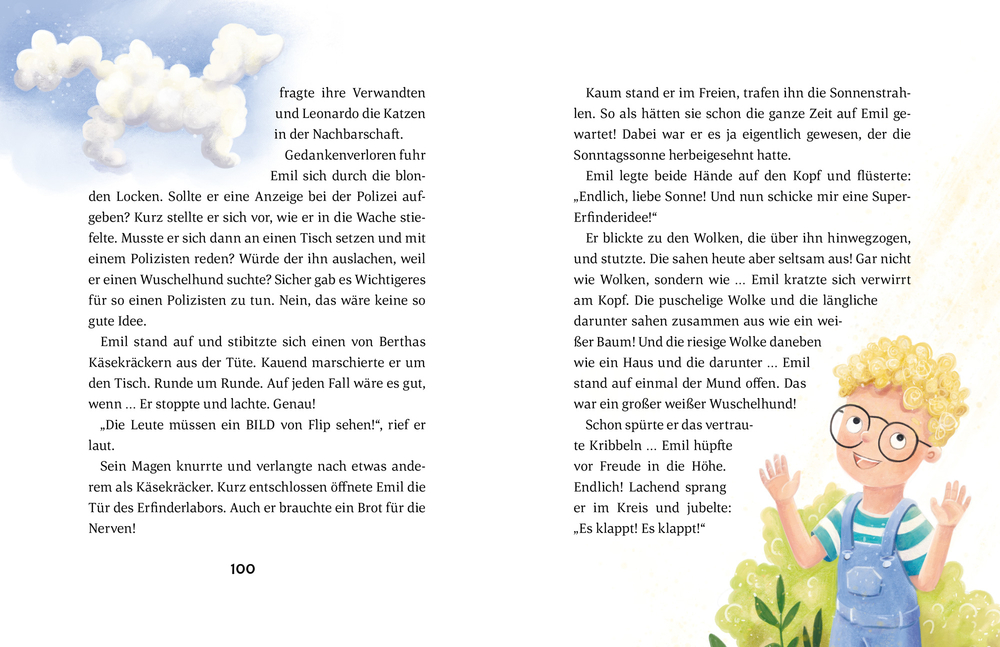 Ein blonder Junge mit Locken freut sich rechts und link ist der Himmel mit einer Wolke in Hunde Form abgebildet, umgeben sind die Illustrationen von Text auf der Doppelseite.