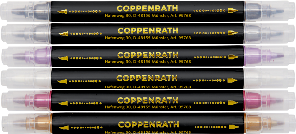 Sechs COPPENRATH-Marker mit Goldaufschrift, gestapelt, Spitzen zeigen nach links und rechts.
