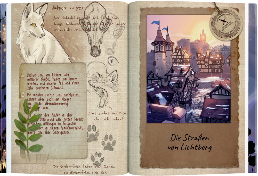Fuchs Skizzen, handschriftliche Notizen und ein mittelalterliches Stadtfoto mit der Aufschrift „Die Straßen von Lichtberg“, abgebildet auf einer Doppelseite.