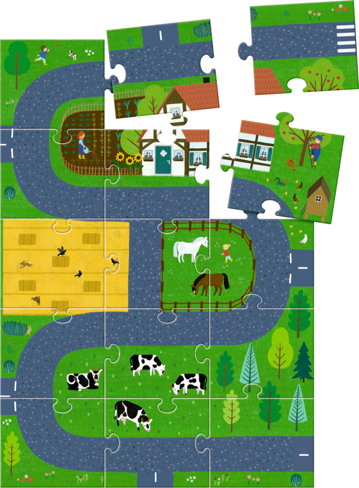 Ein unvollständiges Bauernhof-Puzzle mit Straßen, Feldern, Kühen, Pferden, Hühnern, Scheunen und Häusern auf grünem Gras.
