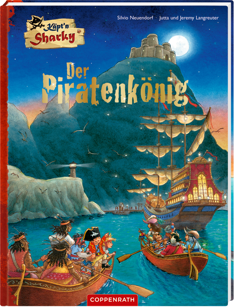 Piratenmannschaften in Ruderbooten nähern sich bei Vollmond einem großen Piratenschiff in der Nähe einer felsigen Insel.