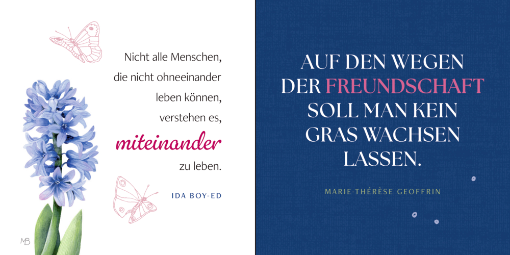 Zweig mit blauen Blüten und zwei rosa Schmetterlingen neben Zitaten über Zusammenleben und Freundschaft auf weißem und blauem Hintergrund.