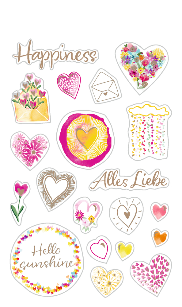 Mehrere bunte Herz- und Blumenillustrationen mit den Wörtern Happiness, Alles Liebe und Hello sunshine.