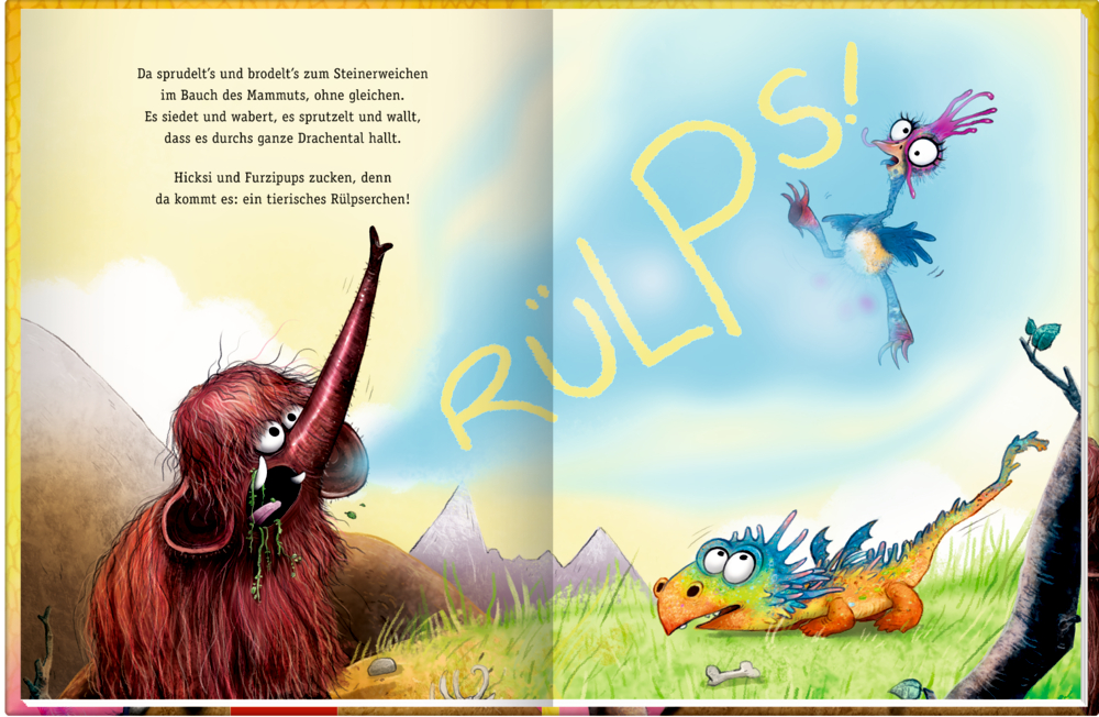 Innenansicht auf der ein Mammut und ein Drache auf ein blaues Huhn das â€žRÃœLPS!â€œ durch eine Landschaft schallen lässt reagieren, über ihnen befindete sich der deutsche Text.