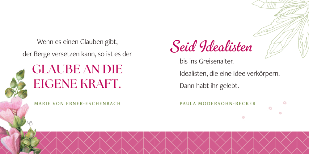 Zwei Sprüche mit floralen Zeichnungen, links rosa Blüten, rechts grüne Blätter und rosa Muster am unteren Rand.