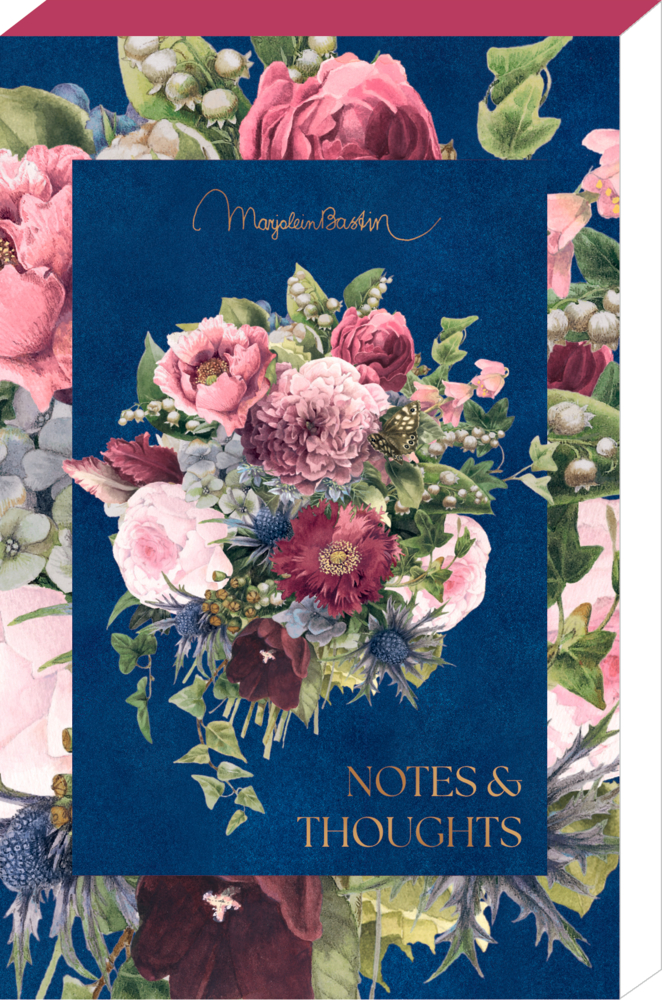 Notizblock mit dunkelblauem Cover, floralem Bouquet aus rosa, roten und weißen Blüten und goldener Aufschrift „Notes & Thoughts“.