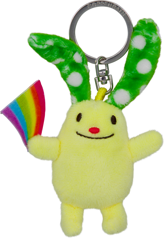 Hellgrüner Plüschanhänger in Tierform mit grünen Ohren mit weißen Punkten und kleinem Regenbogenfähnchen.