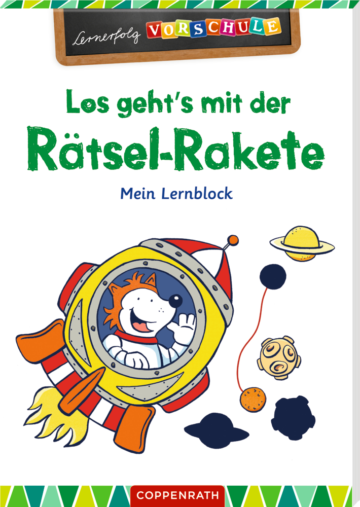 Hund in Rakete fliegt an Planeten vorbei; Titel eines Beschäftigungsbuches für Vorschulkinder.