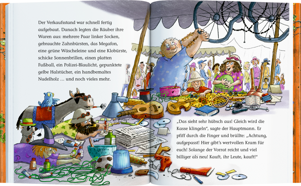 Bunt illustrierte Marktszene mit Menschen, Tieren und einem Stand voller unterschiedlicher, teils gebrauchter Gegenstände.