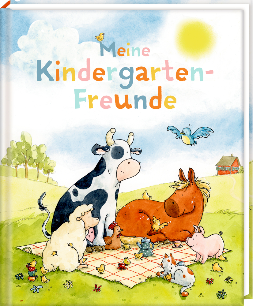Cartoon Farmtiere sitzen auf einer Picknickdecke auf einer Wiese. Oben steht Meine Kindergarten-Freunde.