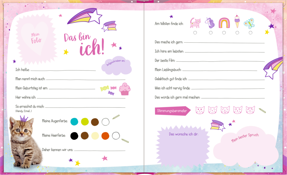 Bunte Innenseite eines Freundschaftsbuch mit Sternen, Regenbögen, Kätzchen und Feldern zum Ausfüllen für persönliche Informationen.