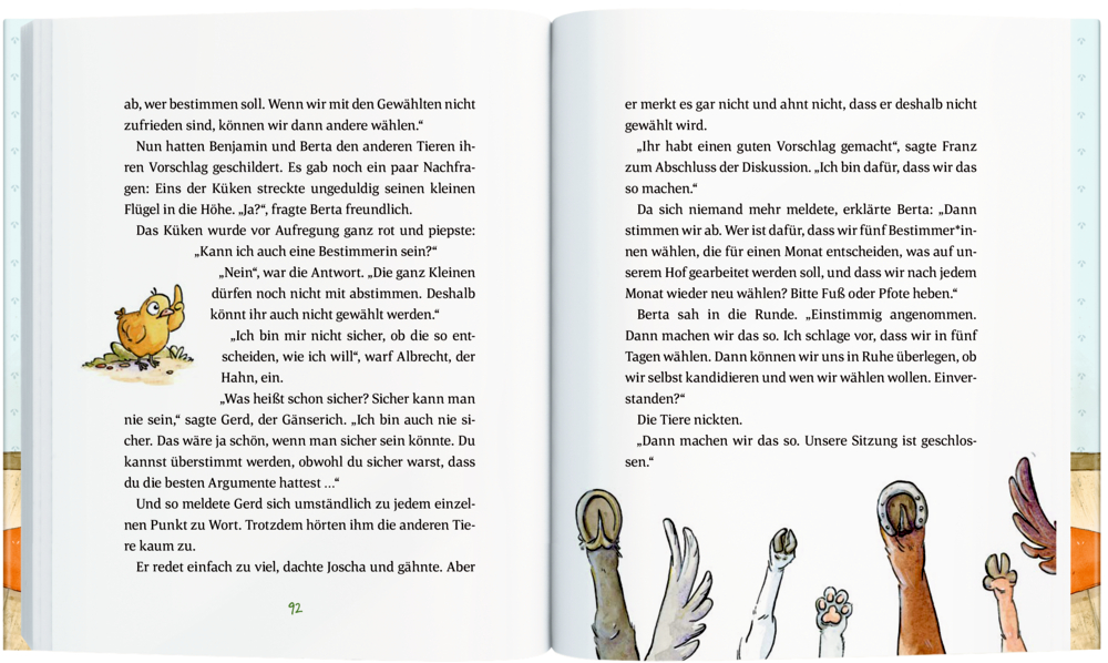 Schwein und Ferkel auf der Wiese, offenes Buch mit Text auf beiden Seiten.