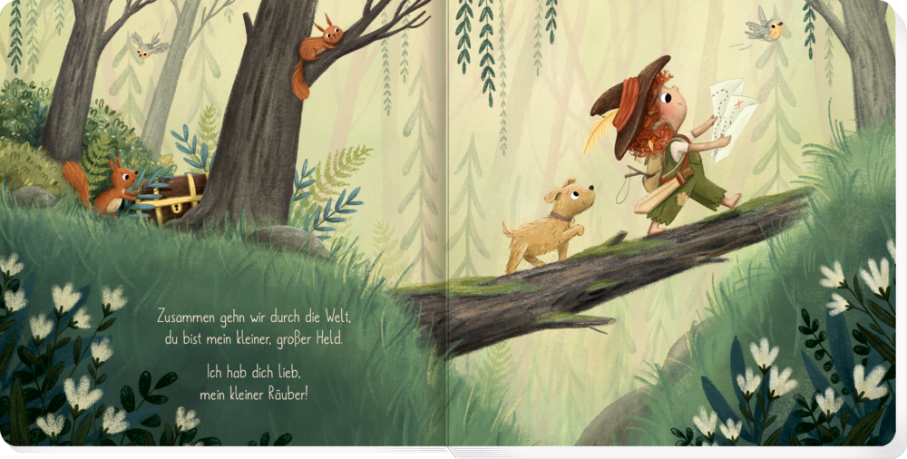 Buchinnenseiten mit Illustration eines Kindes mit Hut und Rucksack, das mit einem Hund auf einem Baumstamm im Wald läuft, während Eichhörnchen und Vögel zusehen.