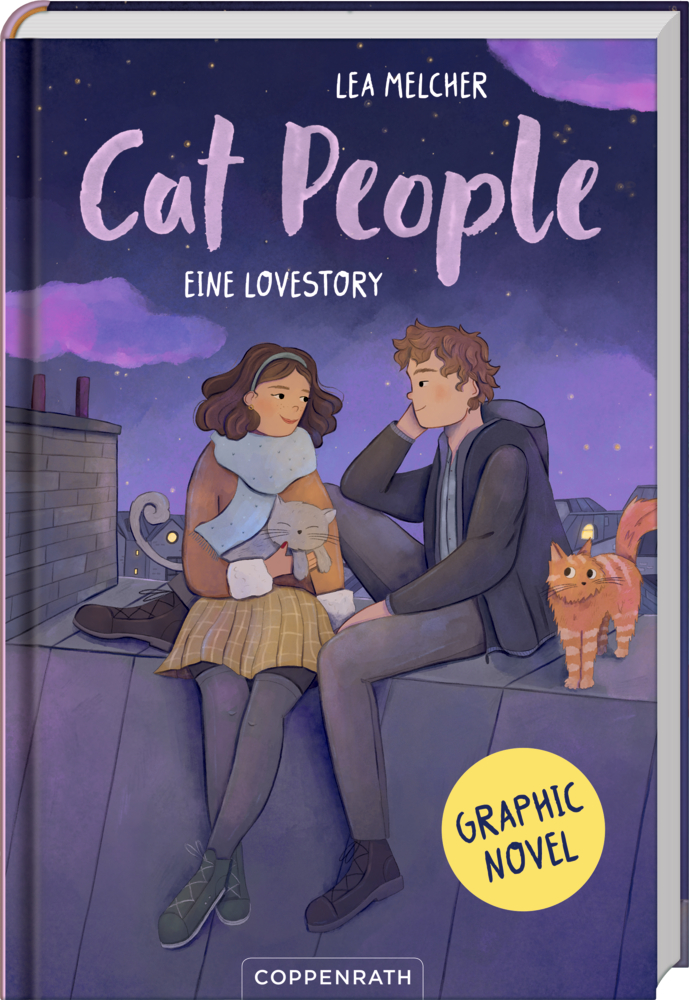 Cover von „Cat People: Eine Lovestory“ – mit einem Paar mit Katzen auf einem Dach bei Sonnenuntergang.