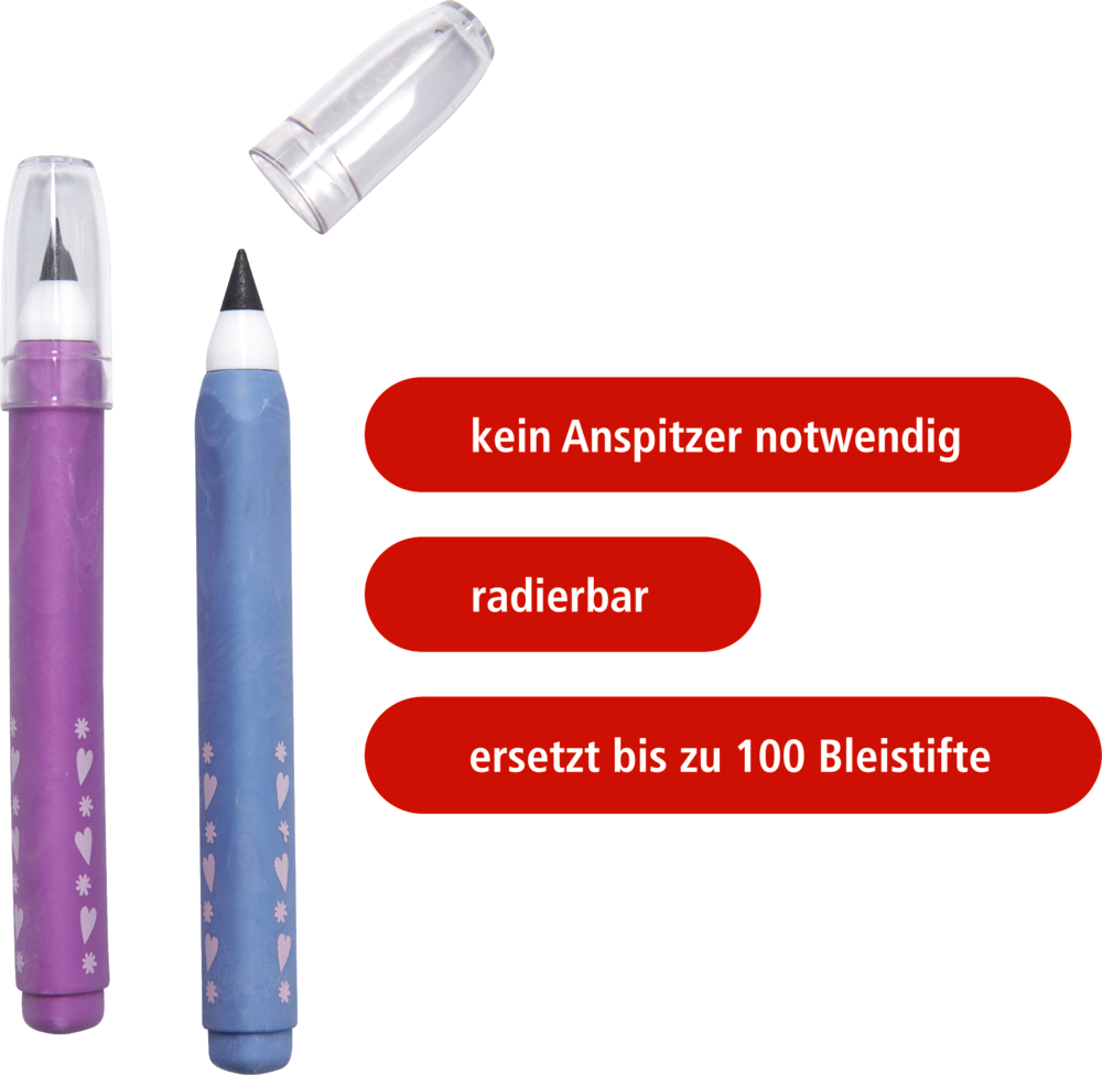 Zwei endlos Bleistifte in Lila und Blau mit Spitzen und durchsichtigen Kappen, daneben rote Textfelder mit Produktinformationen.