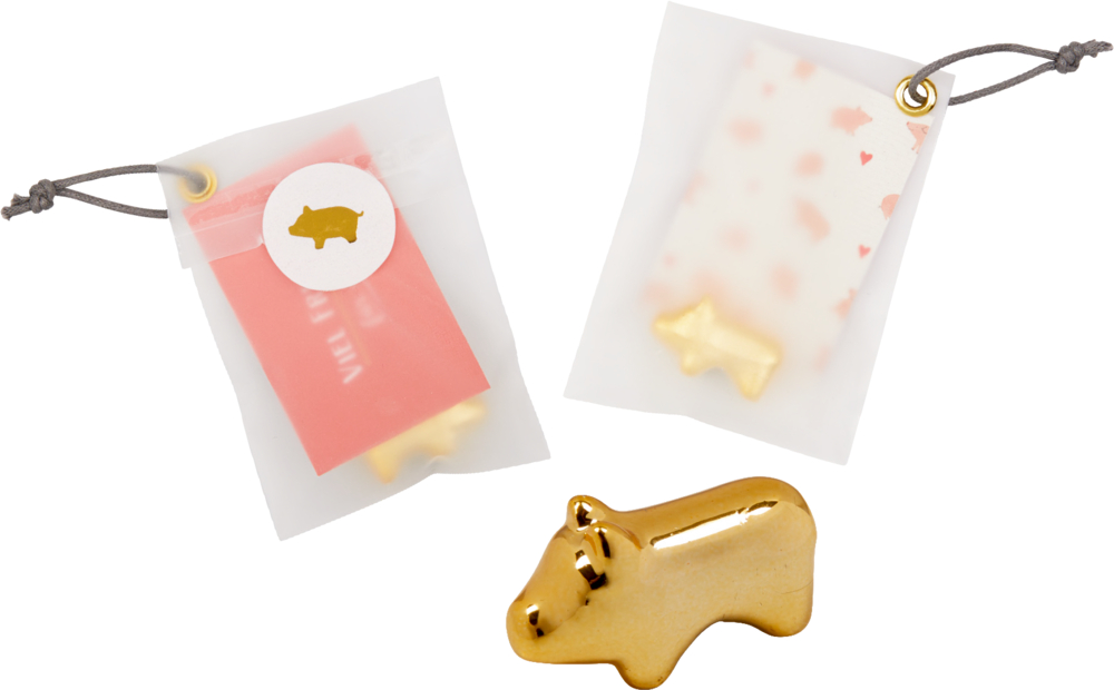Kleines goldenes Schwein und zwei durchsichtige Tütchen mit farbigem Band, kleinen Kärtchen und winzigem goldenen Schweinchen im Inneren.