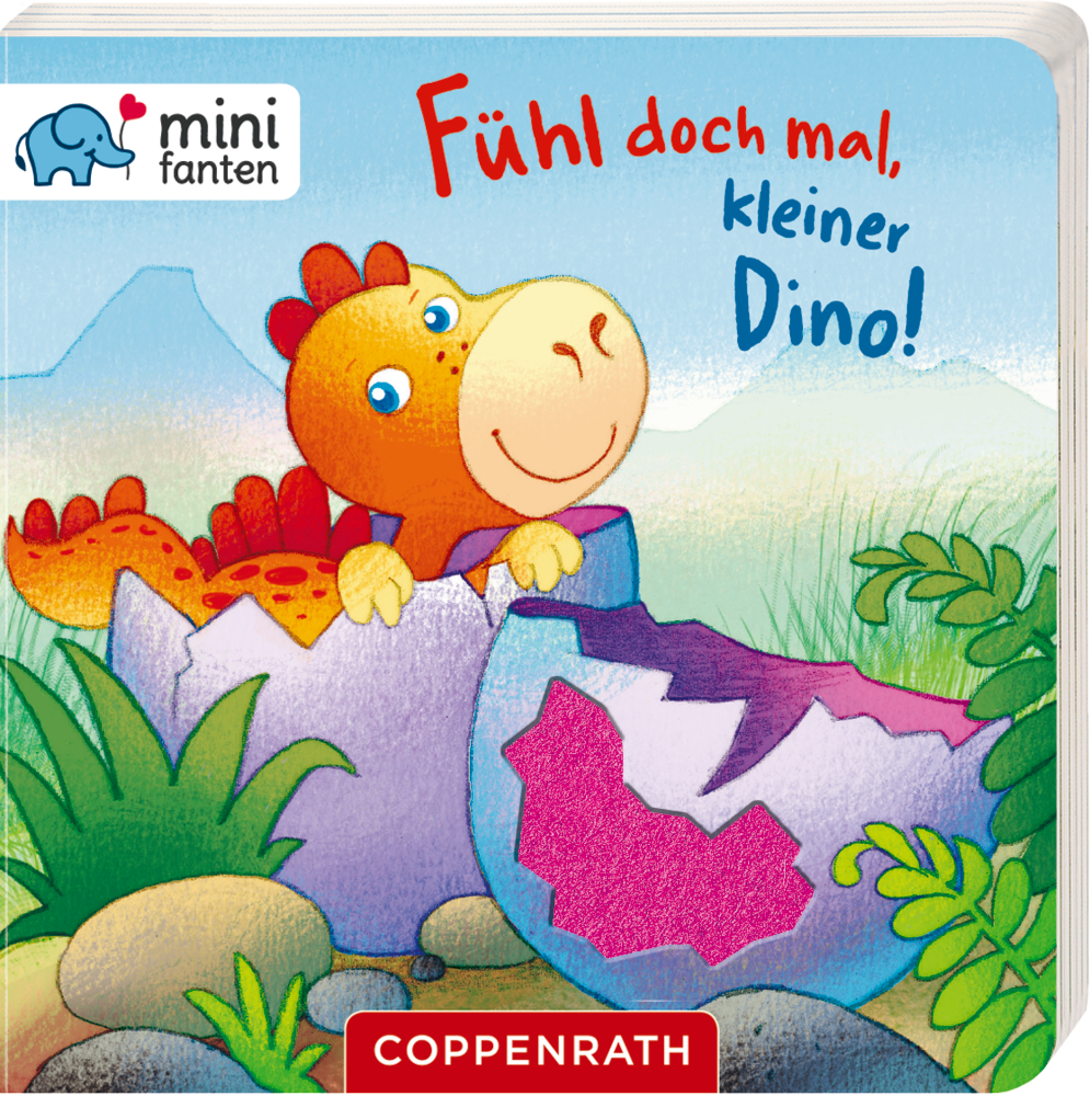Aus einem bunten Ei schlüpft ein lächelnder Baby-Dinosaurier; Buchcover.