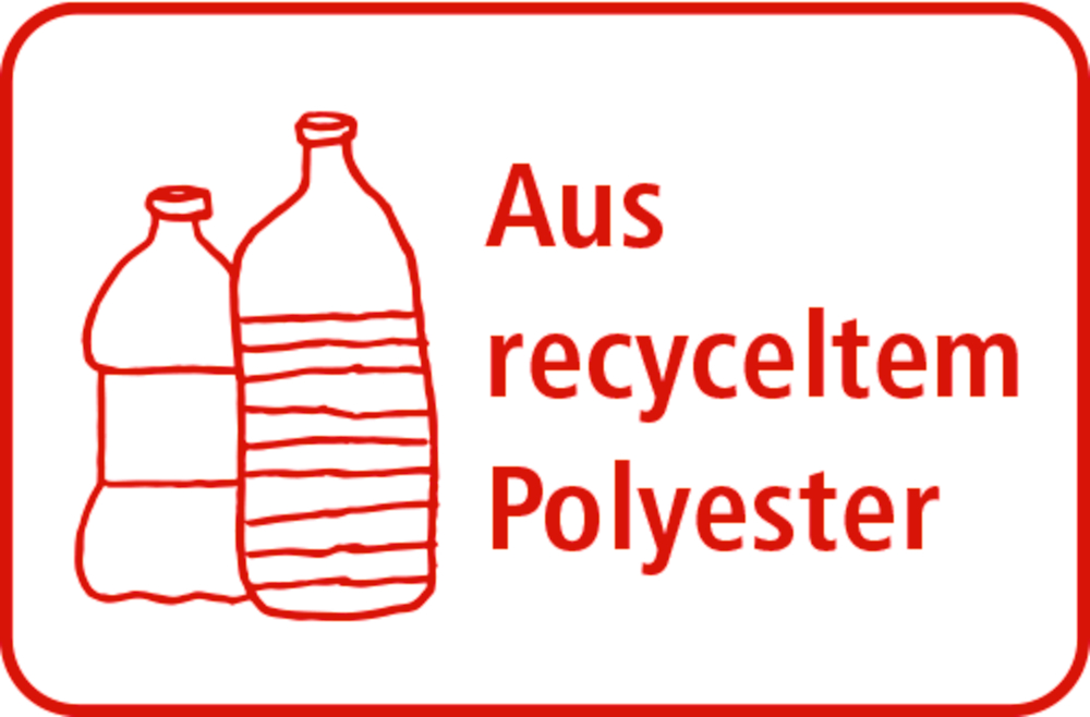 Zwei Kunststoffflaschen stehen neben dem Text Aus recyceltem Polyester in roter Kontur.