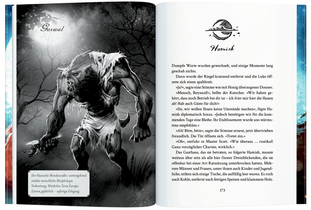 Ein knurrender Werwolf steht in einem dunklen Wald, dargestellt in Graustufen auf einer Buchseite.
