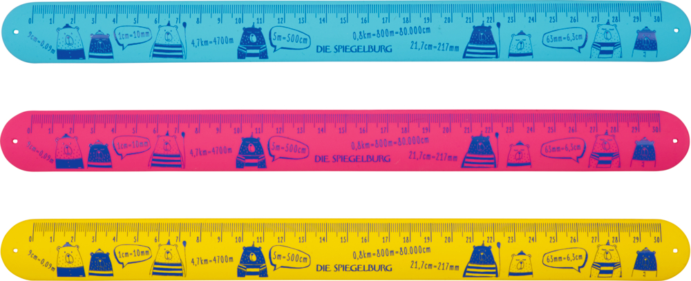 Drei bunte Lineale (blau, rosa, gelb) mit niedlichen Tiermotiven und Zentimetermarkierungen.