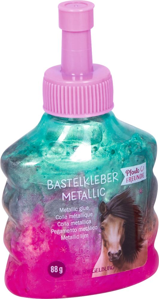 Flasche Bastelkleber Metallic mit rosanem Deckel, grün-pinker Inhalt und Pferdeabbildung auf dem Etikett.