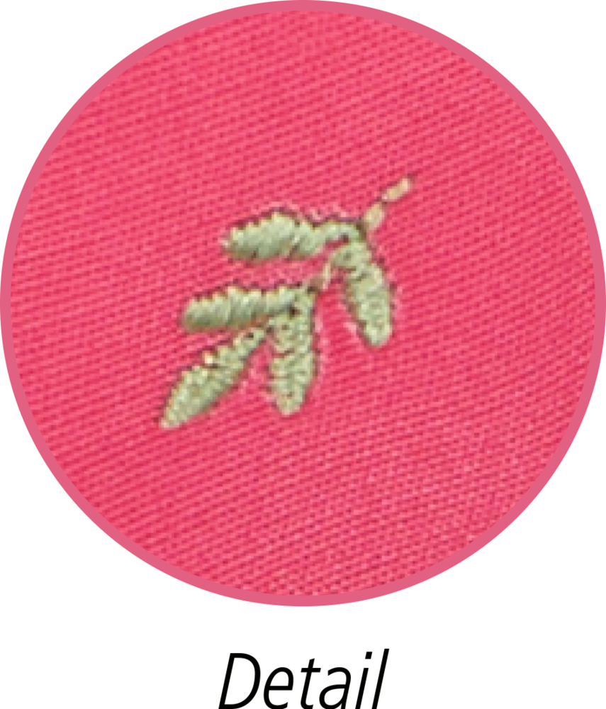 "Kleines grünes gesticktes Blatt auf rosa Stoff; darunter erscheint das Wort „Detail“."