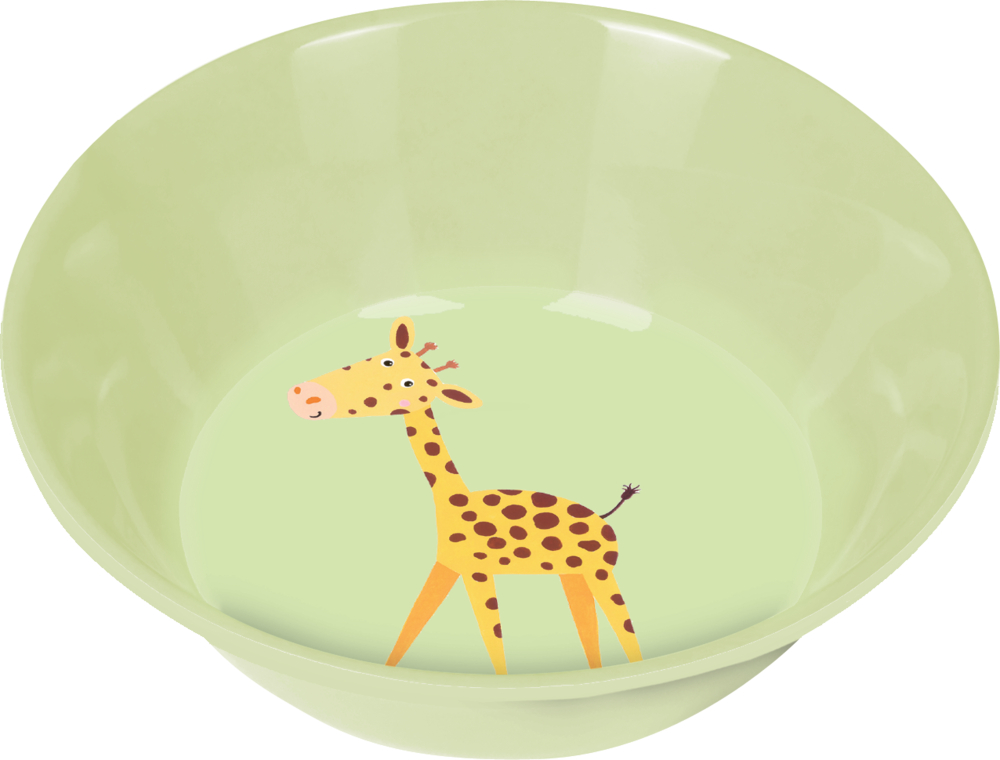 Hellgrüne Schüssel mit einer Giraffenillustration am Boden.