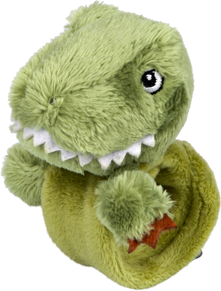 Grünes Plüschtier in Form eines Dinosauriers mit großen Zähnen, flauschigen Armen und gesticktem Auge.