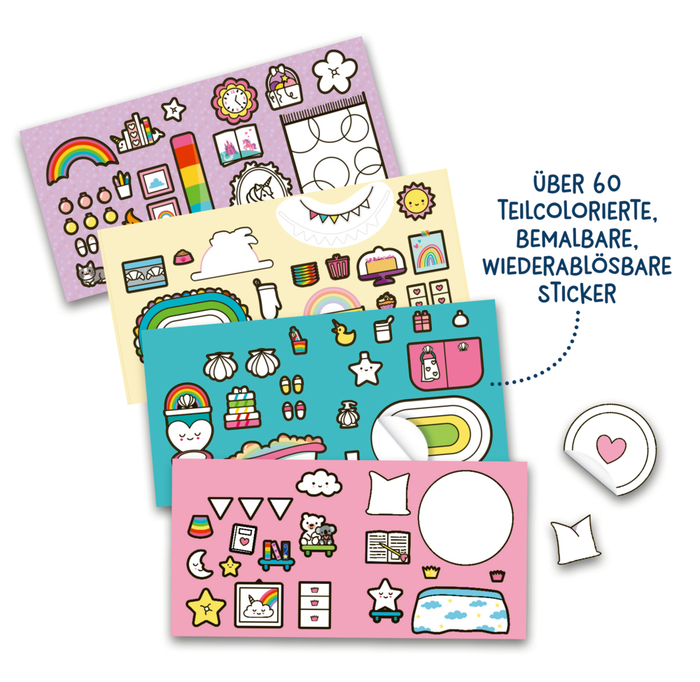 Vier Stickerbögen mit bunten Motiven wie Regenbogen, Stern, Katze, Wolke und Herz sowie Text „Über 60 teilcolorierte Sticker“.