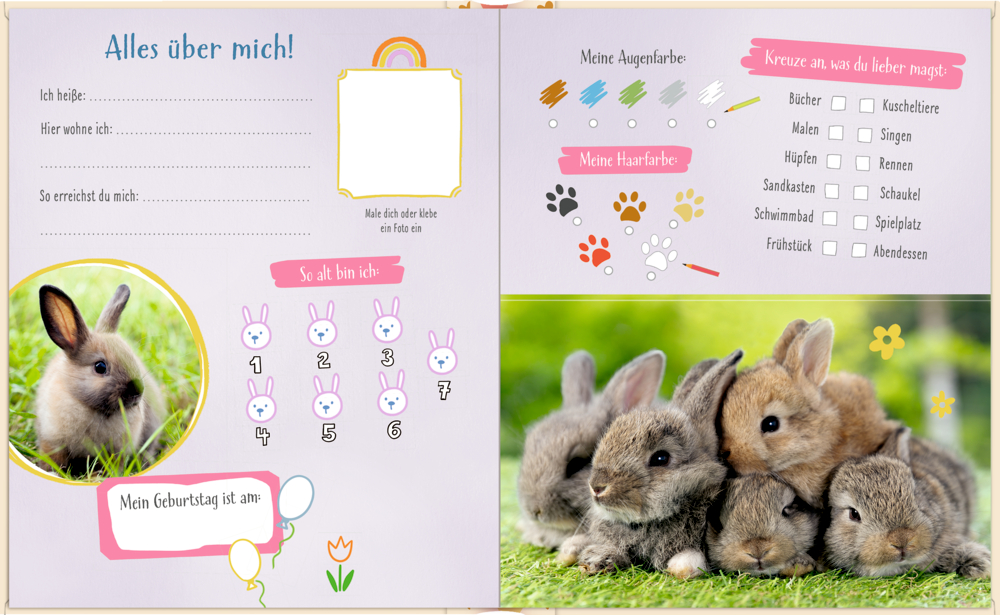 Freundebuch-Seite mit Kaninchenfotos, Pastellzeichnungen und Platz für persönlichen Daten.