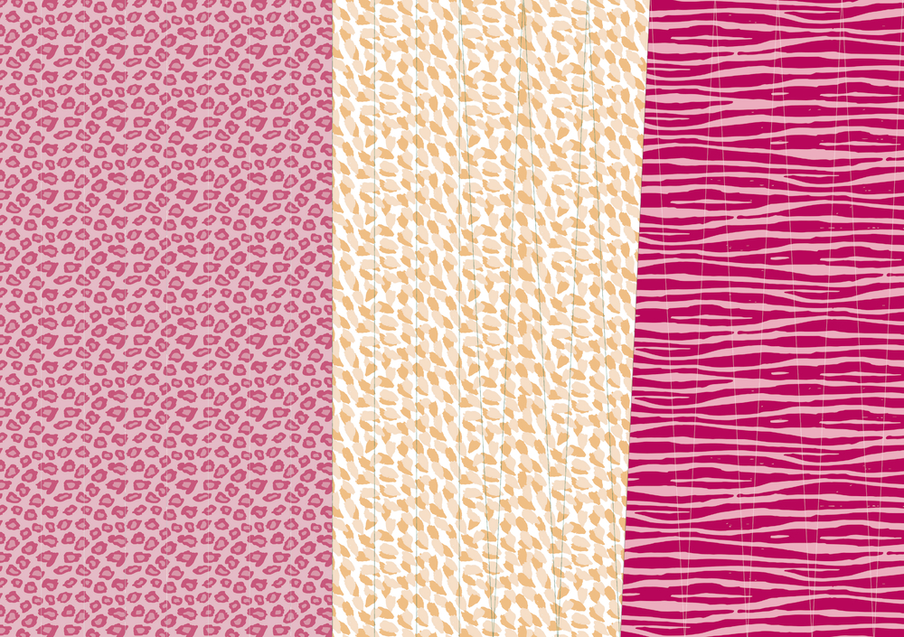 Drei verschiedene Tierdruckmuster in den Farben Pink und Beige.