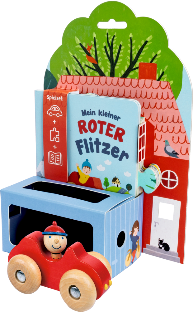 Spielzeugset mit einem rotem Holzauto, Fahrerfigur und  Kinderbuch in bunter Verpackung.