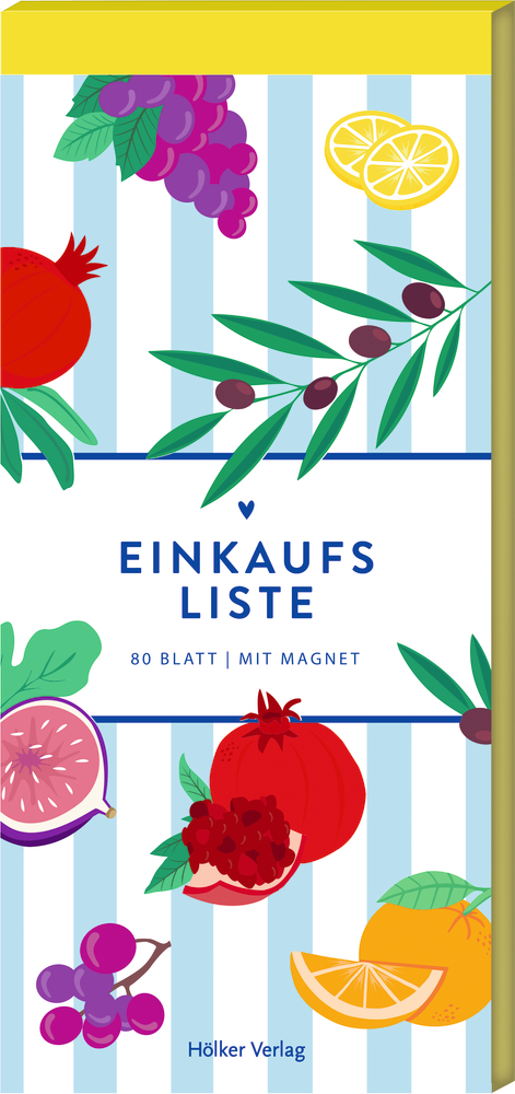 Blau-weiß gestreifter Notizblock mit Obstillustrationen und dem Titel „Einkaufsliste“ auf dem Cover.