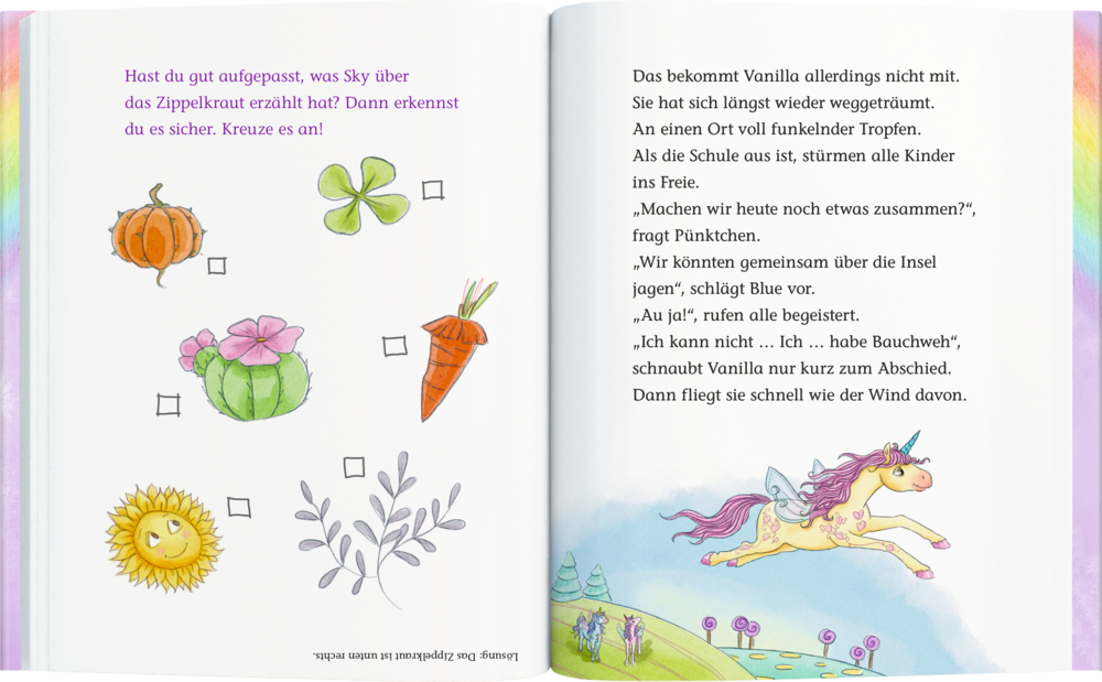 Kinderbuch mit bunten Zeichnungen von einem Kürbis, Klee, Karotte, Blume und ein fliegendes Einhorn mit Text.