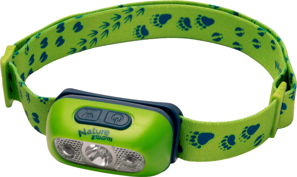 Grüne Stirnlampe mit Pfotenabdruckband, drei LED-Leuchten vorne und Knöpfen.