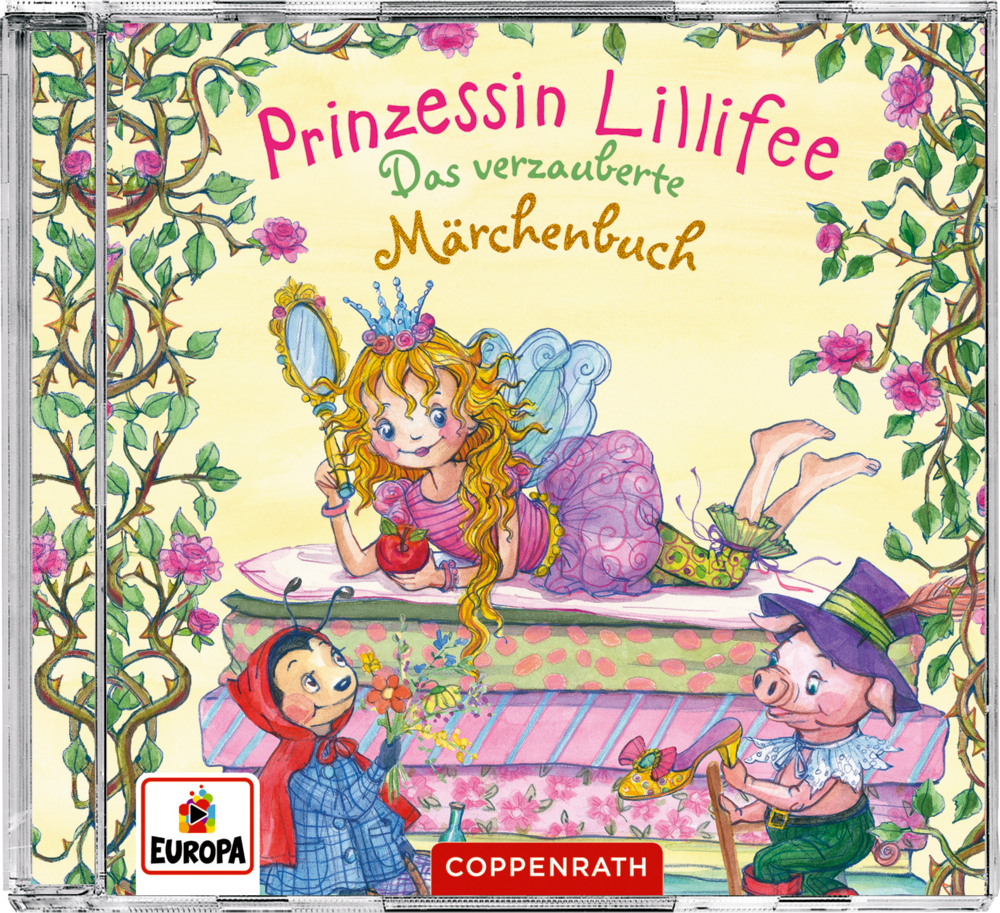 CD-Cover: Prinzessin Lillifee und ihre tierischen Freunde als Märchenfiguren verkleidet zwischen einer Rosenhecke.