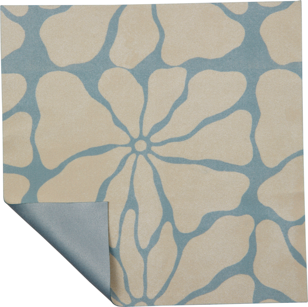 Beiges Brillenputztuch mit kräftigem, blauem, abstraktem Blumenmuster, eine Ecke ist gefaltet, sodass die Unterseite sichtbar ist.