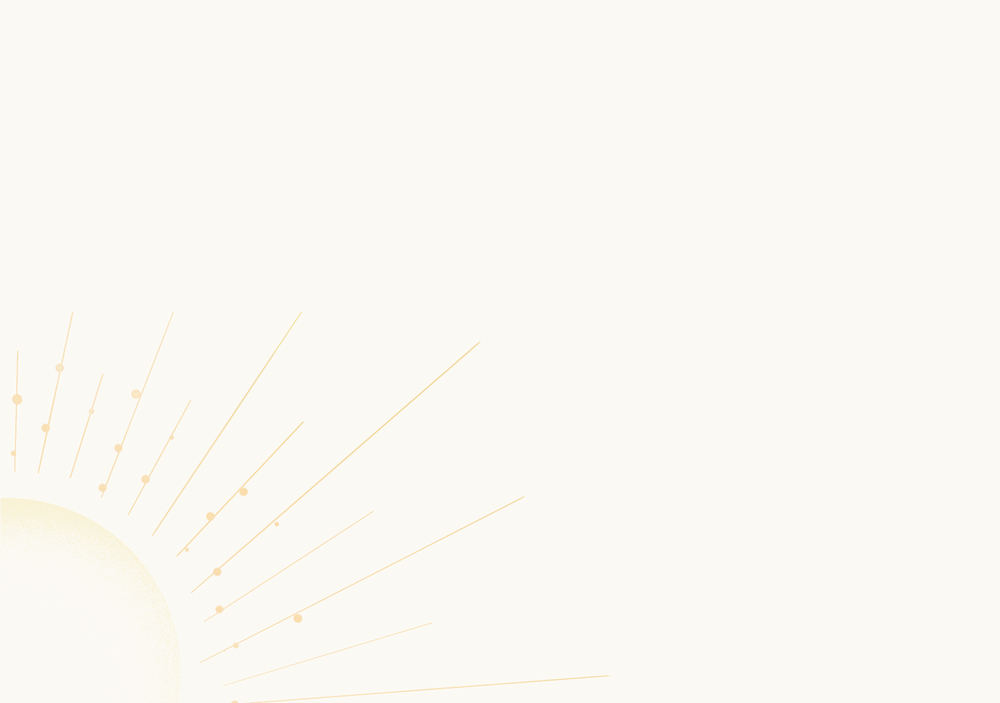 Sonne mit dünnen goldenen Strahlen unten links auf hellem Hintergrund.