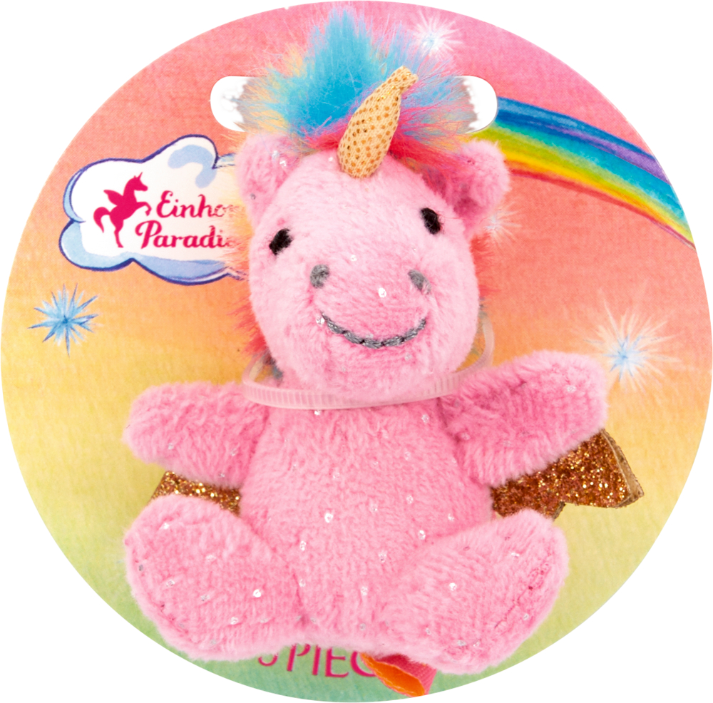 Rosa Plüsch-Einhorn mit goldenen Flügeln auf einer runden Regenbogenpappkarte.