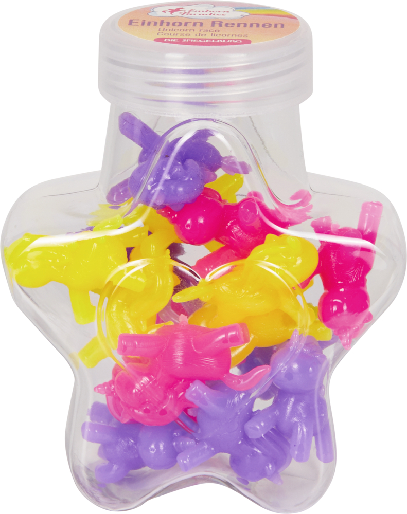 Durchsichtiger, sternförmiger Behälter, gefüllt mit kleinen gelben, rosa und violetten Einhornspielzeugen aus Plastik.